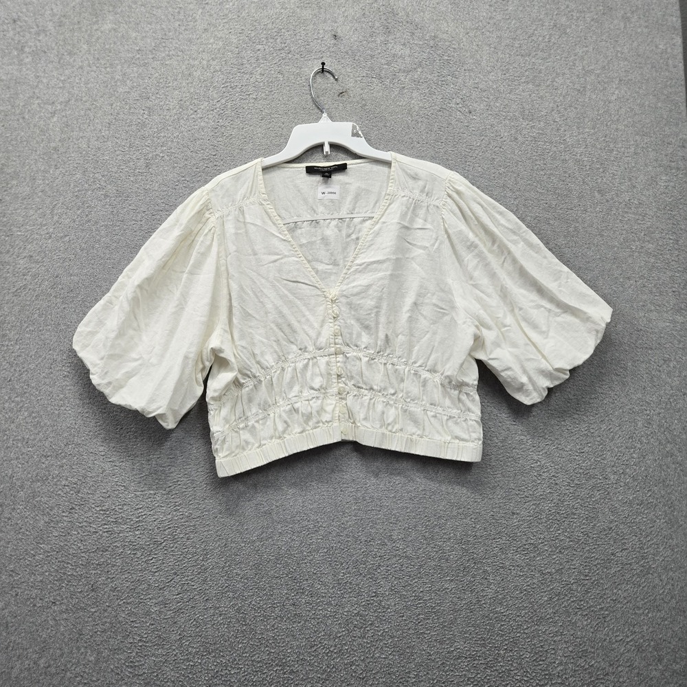 Marc New York Andrew Marc Women Blouse XL White Linen Blend V-Neck Coastal